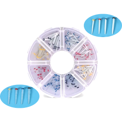 010203-A2 Fiberglass pins with groove and marking, set - 200 pcs. (100 pcs transparent with groove + 100 pcs white straight), assorted: 1.2, 1.4, 1.6, 1.8